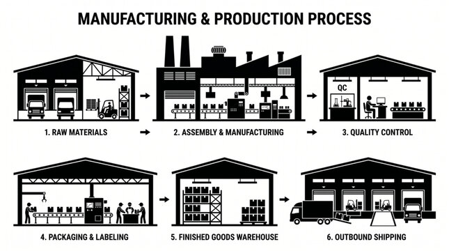 Comprehensive Black Silhouette Vector Set Illustrating Industrial Manufacturing Stages from Raw Materials and Assembly to Quality Control, Packaging, Warehousing