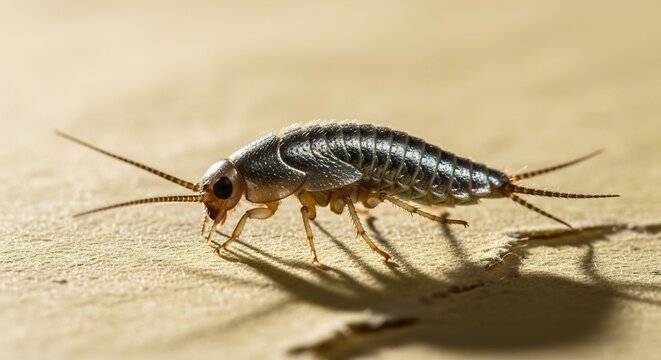 Closeup Macro Shot of a Silverfish Insect on a Textured Surface.
