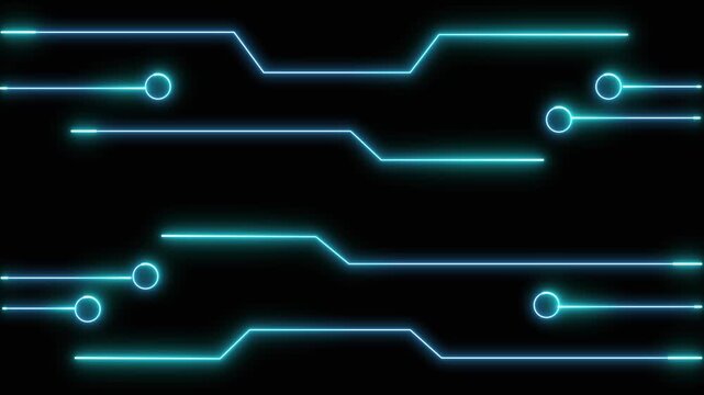 Blue and cyan neon circuit lines flow. Neon circuit lines glow. These blue and cyan neon circuit lines and nodes on black represent professional technology for digital interfaces.