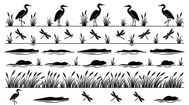 Set of Swamp Life Silhouette Borders and Decorative Elements Featuring Herons, Dragonflies, Alligators, Beavers, and Cattail Plants Isolated on White Background for Nature Graphic Designs