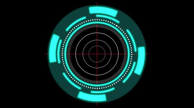 Cyan futuristic HUD target reticle glows. HUD target reticle stays. This HUD target reticle with red crosshairs provides a professional tactical visual for high tech gaming media.