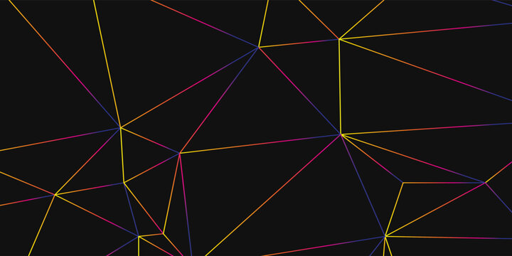 Abstract geometric low poly background with colorful wireframe lines on black. Futuristic triangular mesh pattern with neon gradient strokes.