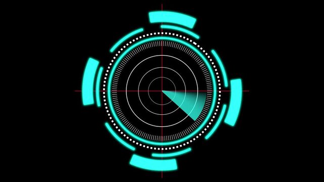 Cyan futuristic HUD radar scope glows. HUD radar scope stays. This HUD radar scope with targeting sector provides a high tech tactical visual for modern digital interface media.