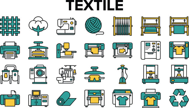 Textile industry icon set featuring fabric production sewing machines weaving equipment and garment manufacturing process colorful vector collection