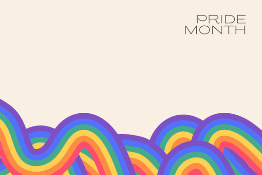 Neo Groovy Pride Month banner with psychedelic rainbow ribbon waves. Minimalist LGBTQ horizontal header, abstract 70s fluid line art, and copy space for inclusive web design and marketing. Vector.