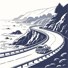 A vintage automobile travels along a winding coastal highway bordered by rocky cliffs and the vast blue ocean high quality professional detailed modern elegant stylish clean © murad