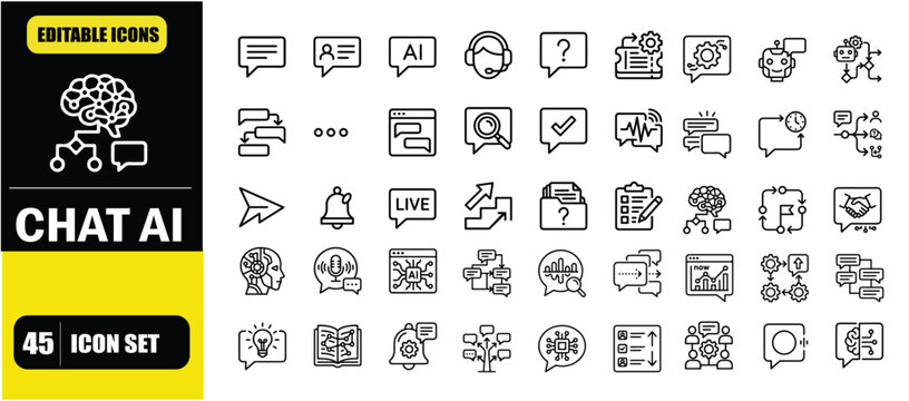 Conversational AI Chat System Icon Set &ndash; Customer Support Platforms, Artificial Intelligence Messaging, Chatbot Automation, Virtual Assistant Communication, Help Desk Interaction and Smart Dialogue Li