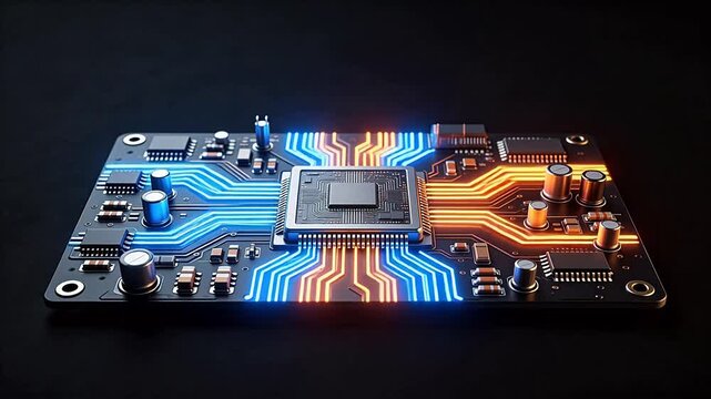 Circuit board with glowing pathways
