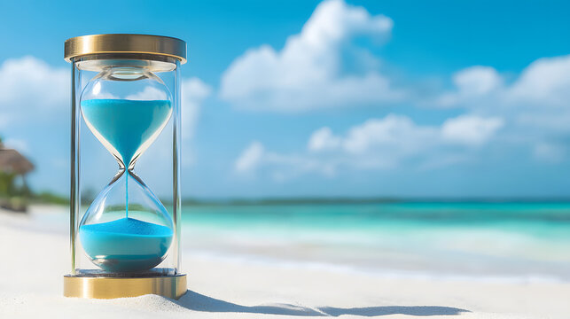 An hourglass resting on a tropical beach against a backdrop of the ocean and clear blue sky symbolizes time, deadlines, and vacation time, a minimalist composition