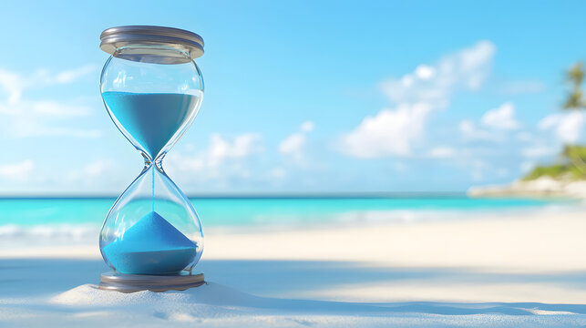 Hourglass on a tropical beach with ocean and clear blue sky in the background