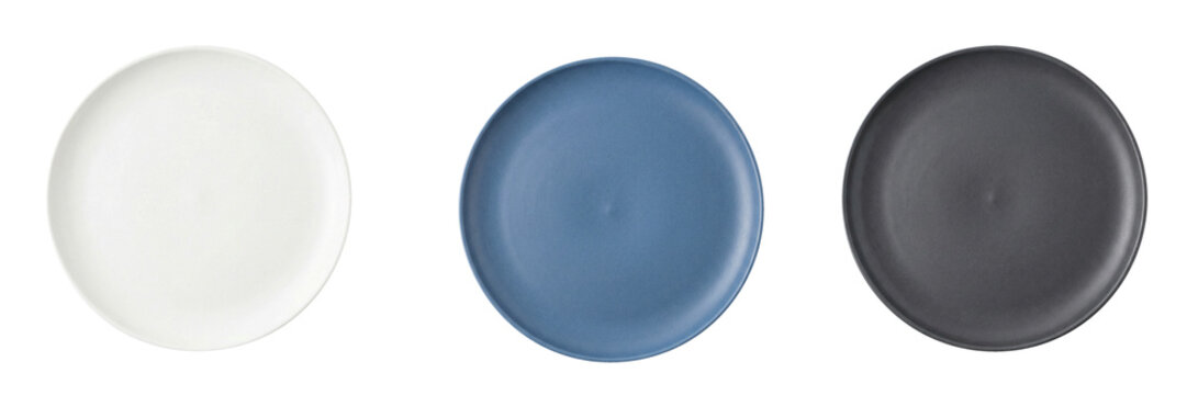 Three Round Matte Ceramic Plates in White Blue and Charcoal Colors Isolated on White Background