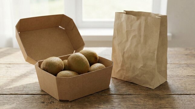 Brown paper box with bread rolls.