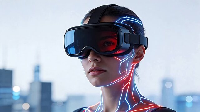 Woman wearing futuristic virtual reality headset