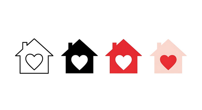 Four stylized house icons, each featuring a heart symbol within its structure.