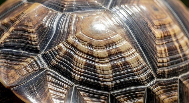 Close-up of a reptile's textured shell, showcasing a complex geometric pattern with natural hues