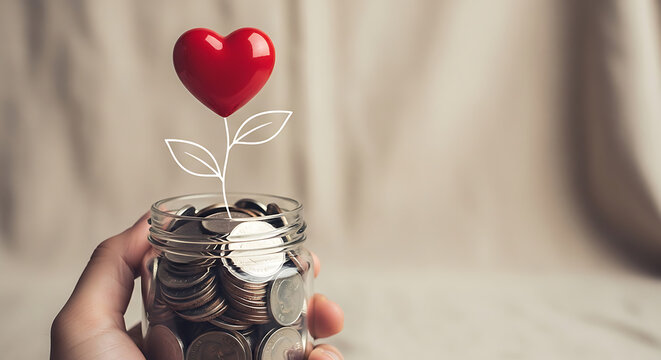 A hand holding a glass jar filled with coins, with a red heart on a stem growing out of it, symbolizing financial growth and love.