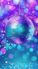 Obraz premium Disco ball shimmering with teal and purple lights on stage