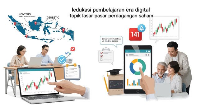 Digital learning illustration with stock market data charts and people interacting