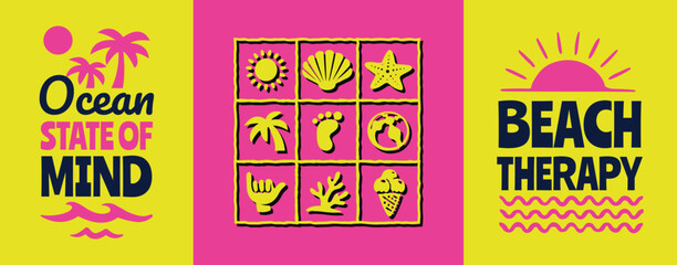 Set of Flat Vector Summer Beach Illustrations with “Ocean State of Mind” and “Beach Therapy” Typography, Tropical Icons for T-Shirt Prints, Poster, Travel and Coastal Designs © Whiskerz