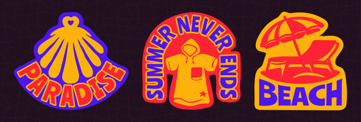 Retro Summer Beach Sticker Pack with Seashell, Changing Poncho, Sun Lounge, Vintage Bold Tropical Vector Flat Illustrations Set for t-shirt prints, beachwear design, summer logo, and coastal branding © Whiskerz