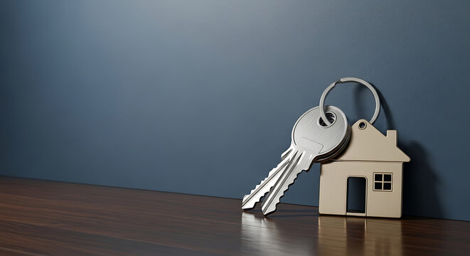 A set of keys with a house-shaped keychain rests on a wooden surface against a dark blue wall.