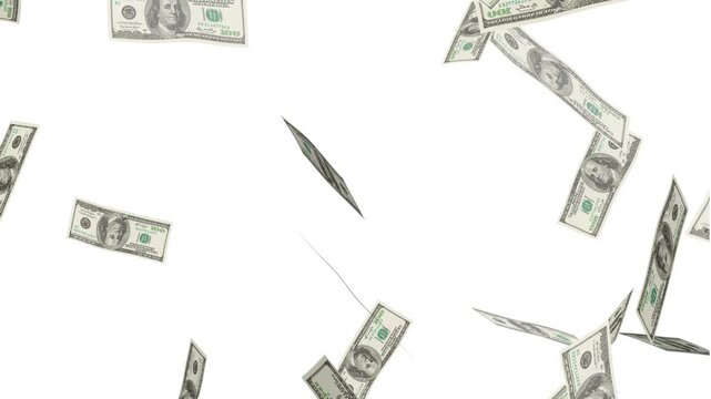 falling 100 dollar bills animation, money rain falling us dollars banknotes on white background. us currency banknotes falling down.
