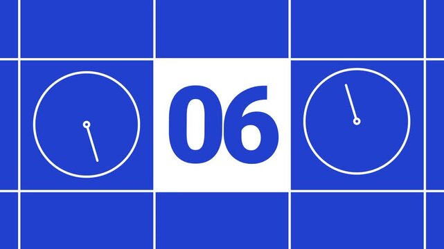 A blue grid layout with large number 10 to 0, flanked by two clock faces representing time and countdown in a structured display