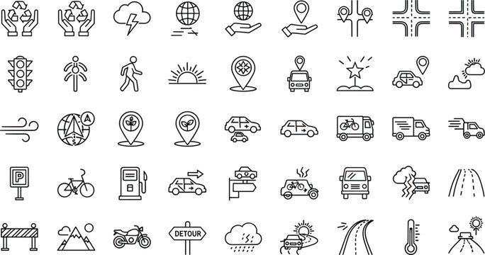 Environmentally Friendly Logistics and Smart Transportation Icon Set featuring Eco Friendly Navigation, Renewable Energy, Electric Vehicle Shipping, Sustainable Delivery, and Modern Road Traffic Symb