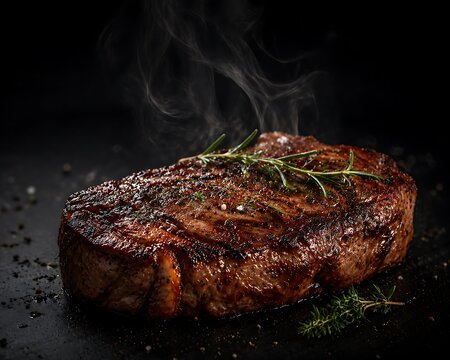A perfectly grilled, juicy steak with fresh rosemary and steam rising, presented on a dark, textured surface with scattered salt and pepper.