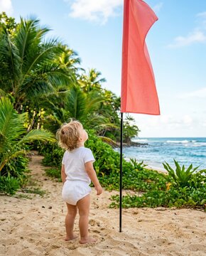 Toddler looking up at red warning flag on beach