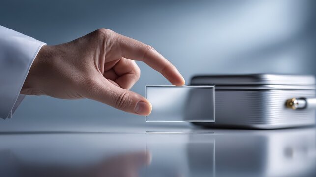 A hand placing a glass slide into a scientific storage box.