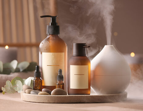 Emitting vapor, a white egg-shaped diffuser on a wooden tray with bottles and accessories, in a serene spa setting, viewed from above, with a calming atmosphere, featuring aromatherapy products