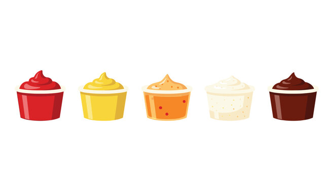 Five distinct plastic dipping cups containing vibrant red ketchup, yellow mustard, orange dip, white cream, and dark brown chocolate sauce sit horizontally.