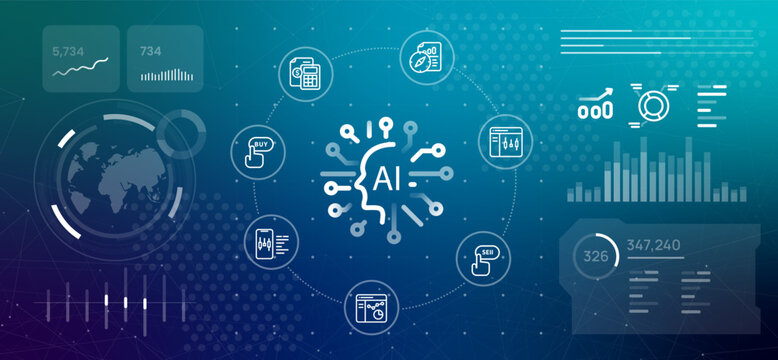 Artificial intelligence AI trading dashboard concept financial icons for automated buying and selling on global stock market analytical charts for professional investors in futuristic blue technology