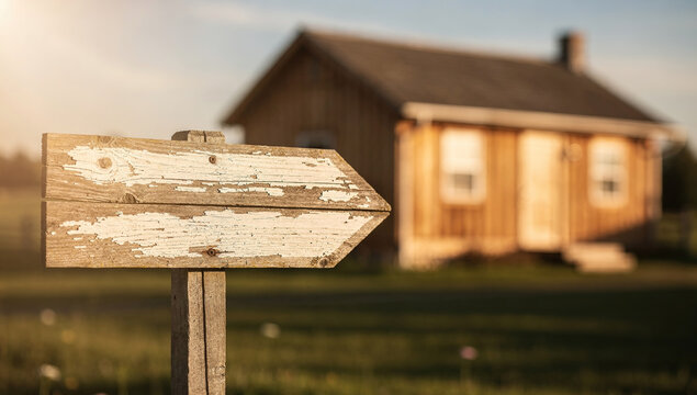 Wooden sign points toward a farm house in the background during late afternoon light