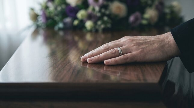Hand of a mourner resting on a wooden surface with flowers in background  