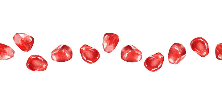 Seamless border of pomegranate seeds. Hand-drawn watercolor illustration isolated on white background. Simple pattern with red elements. Floral print, botanical graphic, sketch.
