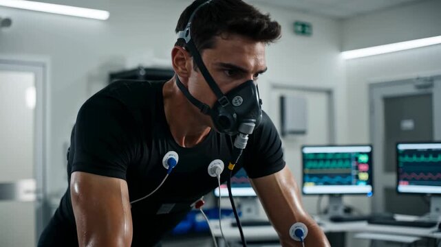 Young adult male athlete undergoing VO2 max testing with oxygen mask and heart rate monitors in clinical lab, cardiovascular performance and sports science research