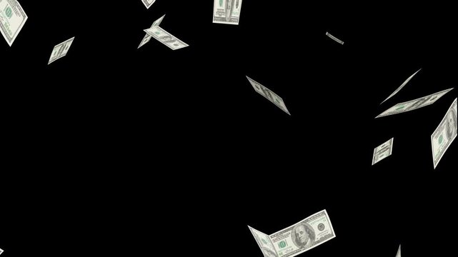 falling us dollar bills money rain loopable, american 100 dollar banknotes flying, money rain financial success concept 4k loopable overlay alpha channel.