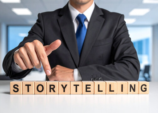 Storytelling - Geschäftsmann zeigt auf den Text "Storytelling"
