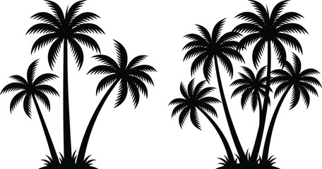 Fototapeta premium Black palm tree silhouettes set featuring tropical coconut trees and exotic island foliage for summer beach vacation themes and travel destination design projects