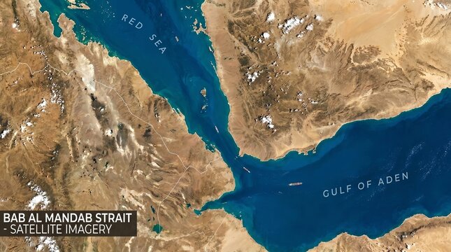 Satellite imagery map of the Bab al-Mandab Strait showing commercial ships navigating the chokepoint
