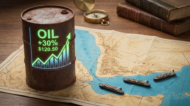 Rusted oil barrel showing surging prices placed on a regional map with miniature cargo ships navigating a strait