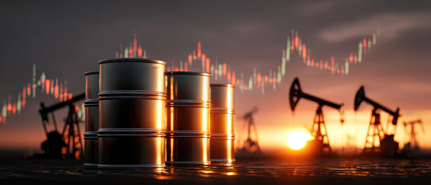 Stack of oil barrels with pumpjacks in background at sunset and financial chart overlay. Concept of oil prices, global energy market, petroleum industry, supply and demand dynamics.