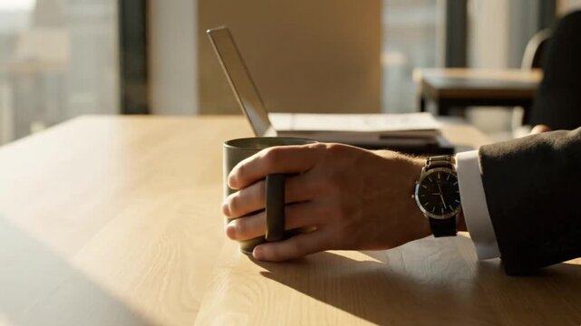 Clean desk scene with soft natural light and slow motion camera minimal workspace
