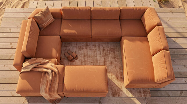 Clay modular lounge set with blanket and slippers, earthy boho comfort, top view