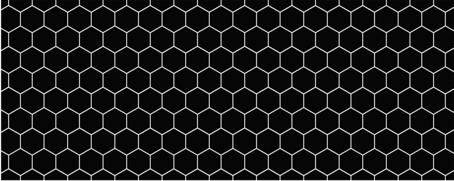 Black seamless hexagon pattern. Repeating honeycomb texture background. Geometric hexagonal halftone tech overlay backdrop. Abstract repeated hex texture. Vector retro technology dot wallpaper