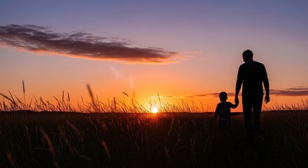 Fototapeta premium Loving father and his son enjoying a peaceful walk together during golden sunset