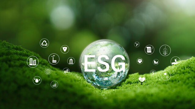 ESG icon concept  for environmental, social, and governance in sustainable and ethical business on the Network connection on a green background.
