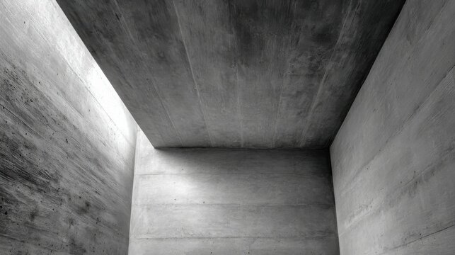 Smooth dark grey concrete ceiling meeting a textured wall in modern architectural interior with dramatic light and shadow